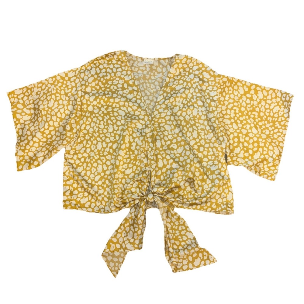 By Together Silk Tie Front Blouse V-Neck Cream Gold Leopard Print Size Lg Yellow